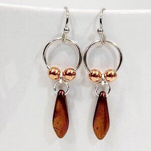 Czechoslovakian Copper Glass Dagger Earrings Lightweight Minimalist